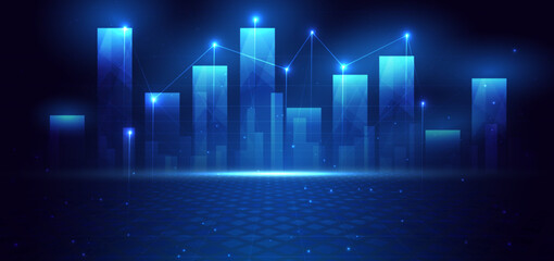 Finance chart stock market growth glowing light effect on dark blue background. Business investment concept.