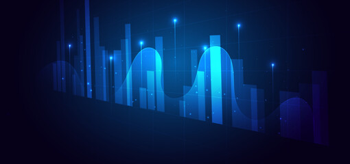 Finance chart stock market growth glowing light effect on dark blue background. Business investment concept.