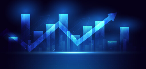 Arrow up finance chart stock market growth glowing light effect on dark blue background. Business investment concept.
