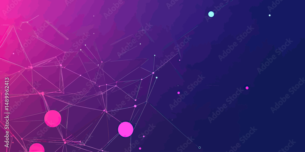 Poster abstract digital network connection with glowing nodes and lines on dark blue and pink gradient back