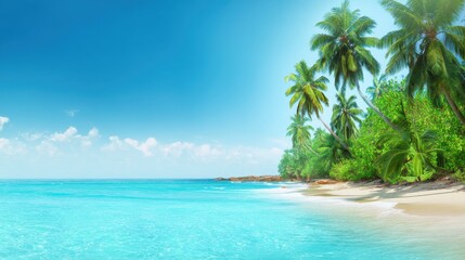 Serene Tropical Beach Scene with Clear Turquoise Water, Lush Green Palm Trees and Gentle Waves Under a Bright Blue Sky