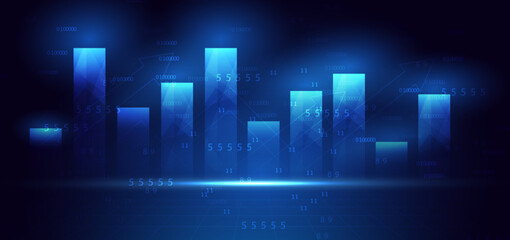 Arrow up finance chart stock market growth glowing light effect on dark blue background. Business investment concept. © Pramote