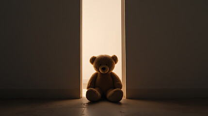 Lonely Teddy Bear: A plush toy sits in a doorway bathed in a warm glow. Innocence contrasts with the surrounding shadows. Comfort in solitude.