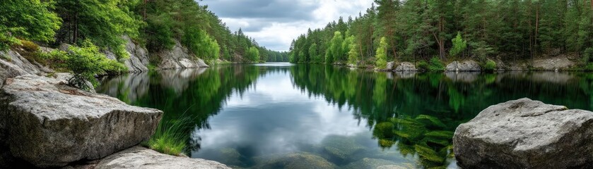 Scenic view of lake in pine forest with summer growth concept. Serene lake surrounded by lush green forest and calm reflections.