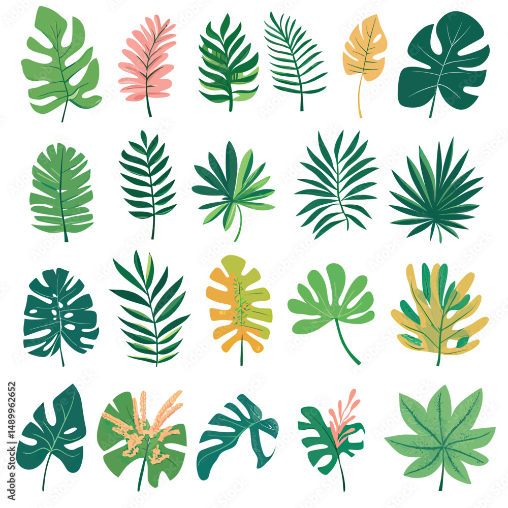 Poster set of twenty colorful tropical and jungle leaves collection with various shapes and sizes isolated 