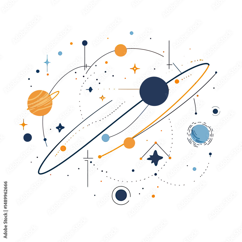 Poster abstract minimalist vector illustration of solar system with orbiting planets and stars in space wit