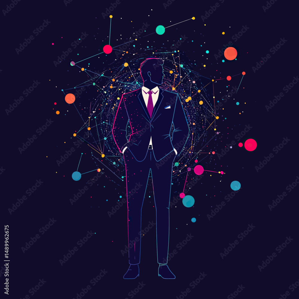 Poster silhouette of businessman in suit with cosmic network of colorful connected nodes and abstract stars