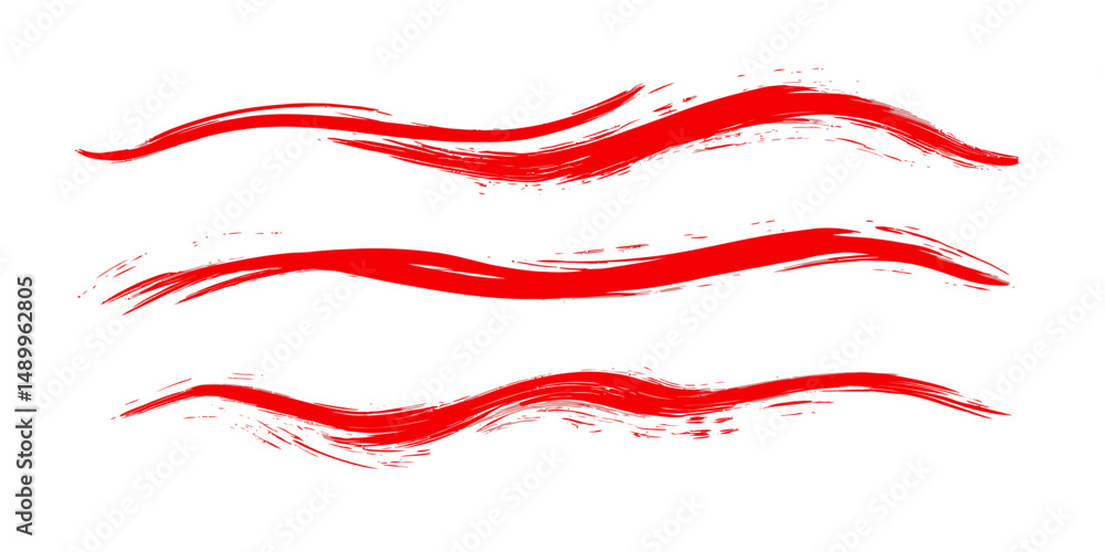 Poster set of red brush stroke lines with fluid curves and textured edges for artistic design and decorativ