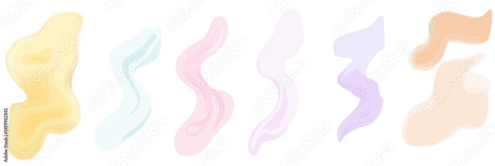 Poster set of seven pastel colored abstract organic brush stroke shapes with smooth wavy contours and soft 