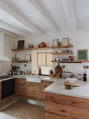 Rustic wooden kitchen interior, natural light, vintage Mediterranean charm with cozy, functional modern design