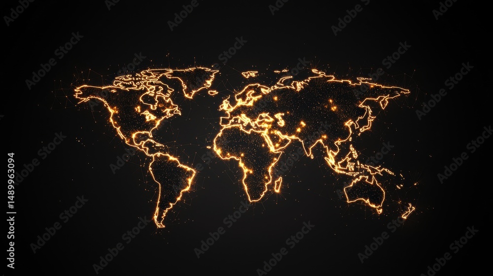 Poster global network nodes connection interconnected nodes forming a global network across a world map, vi