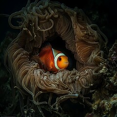 A Symbiotic Relationship: A Colorful Clownfish Nestled Safely Within the Tentacles of a Sea Anemone