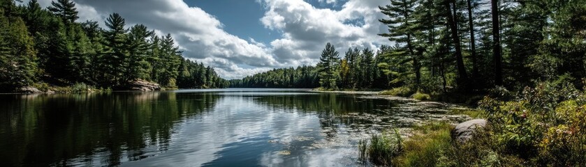 Scenic view of lake in pine forest with mountain and park concept. Serene lake surrounded by lush trees and cloudy skies.