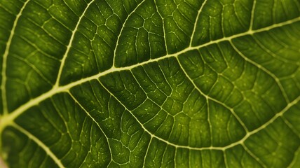 Fototapeta premium Detailed close-up of a vibrant green leaf showcasing intricate vein patterns and textures.