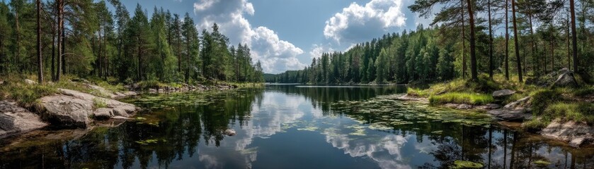 Fototapeta premium Scenic view of lake in pine forest with mountain and park concept. Serene lake surrounded by lush trees and vibrant sky reflection.