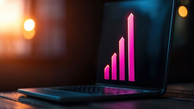 Management Bar Graph and Pie Chart Bar graph showing upward trend on a computer screen, financial data and market analysis, representing business growth and success