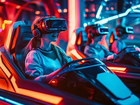 Futuristic vr theme park ride experience virtual reality zone entertainment attraction neon environment immersive viewpoint