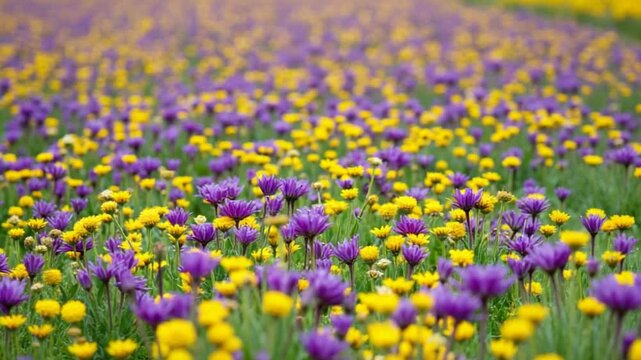 A vibrant field with a colorful array of purple and yellow flowers