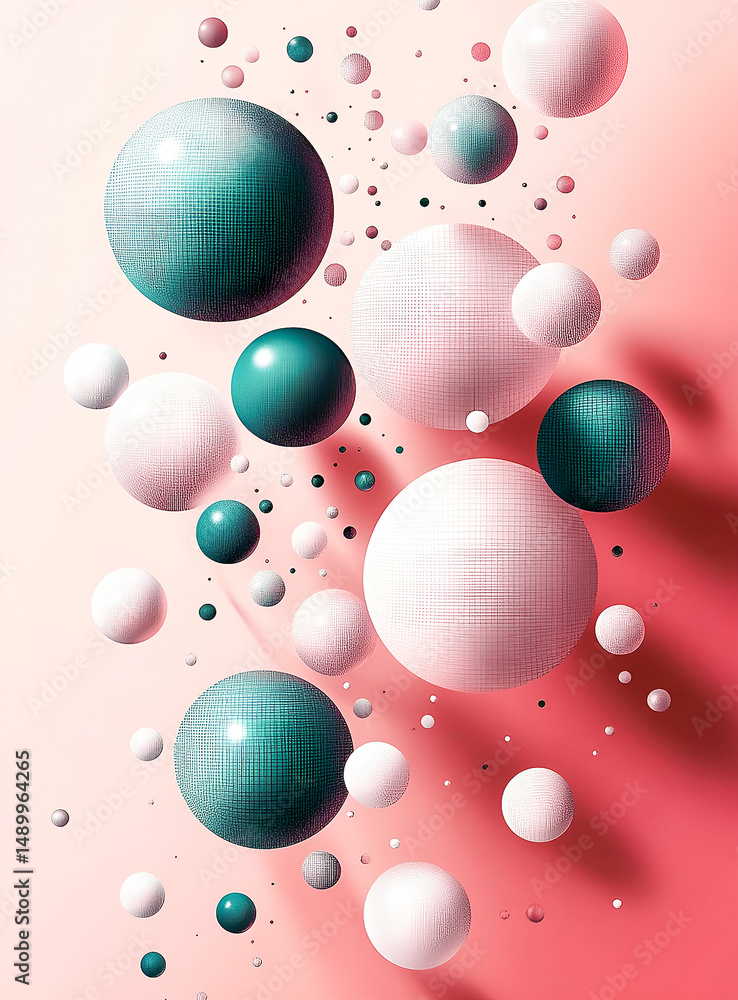 Poster abstract 3d illustration of floating spheres in a gradient background featuring various sizes and co