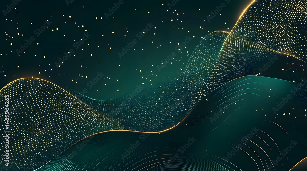 Poster modern abstract green gradient with cascading golden lights and sparkles