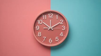 Stylish pink and blue wall clock with clear numbers against a split-color background.