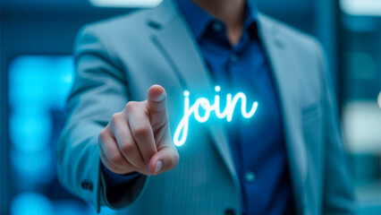 Businessman in Suit Touching Virtual Join Button in Modern Office Background