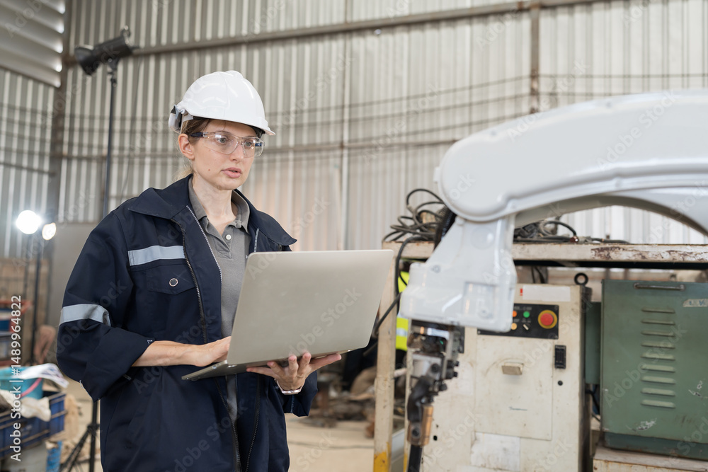 Aufkleber robotic arm, robotic manufacturing industry. woman engineer working with laptop computer for setup, 