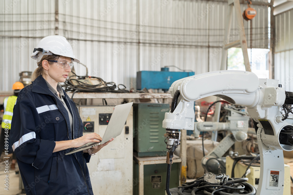 Poster robotic arm, robotic manufacturing industry. woman engineer working with laptop computer for setup, 