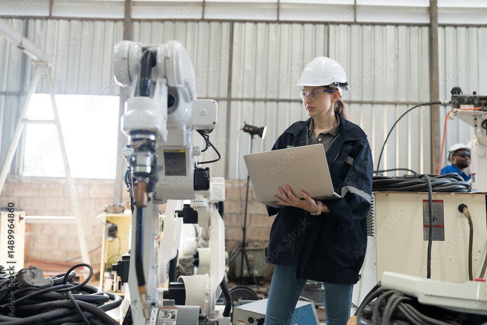 Poster robotic arm, robotic manufacturing industry. woman engineer working with laptop computer for setup, 