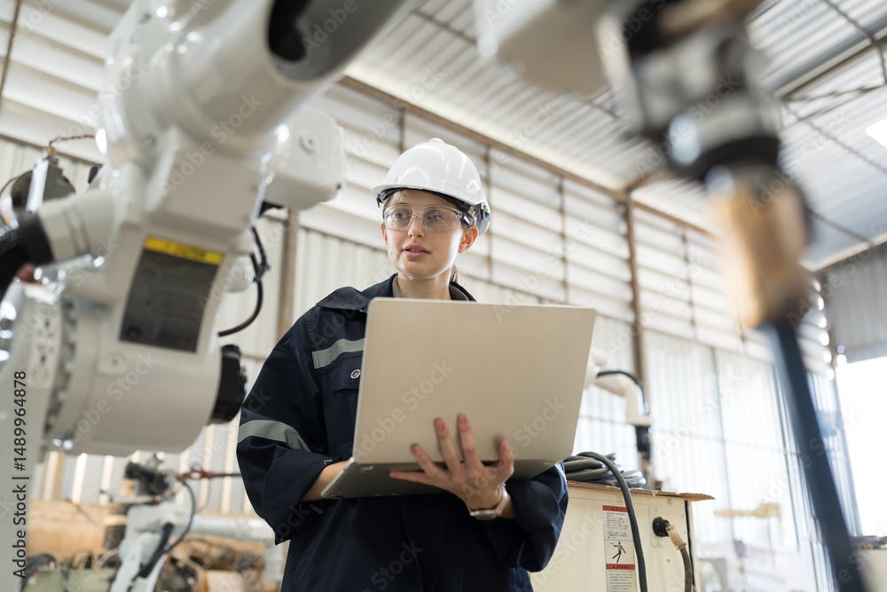 Poster Robotic arm, Robotic manufacturing industry. Woman engineer working with laptop computer for setup, install, maintain, repair mechanism of operation of robotic arm in workshop