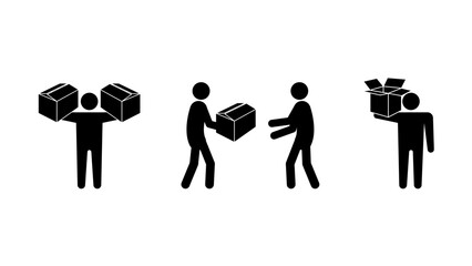 Set of stick figures, professional movers and parcel delivery, flat vector illustration.