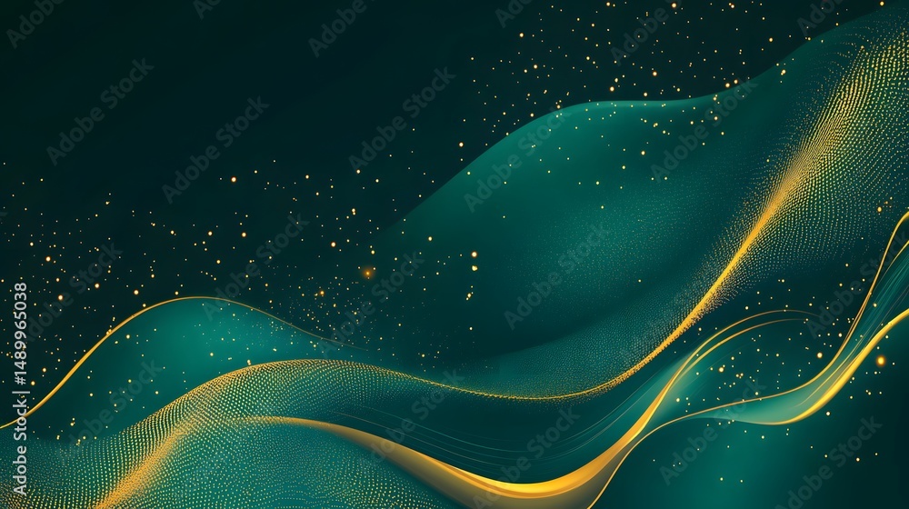 Poster modern abstract green gradient with cascading golden lights and sparkles