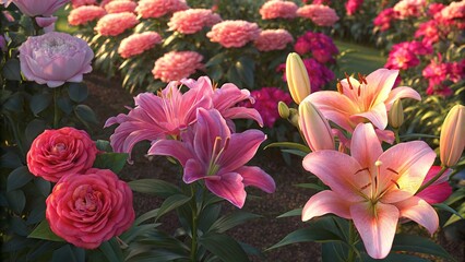 Fototapeta premium Pink lilies and roses in a vibrant garden sunset glow