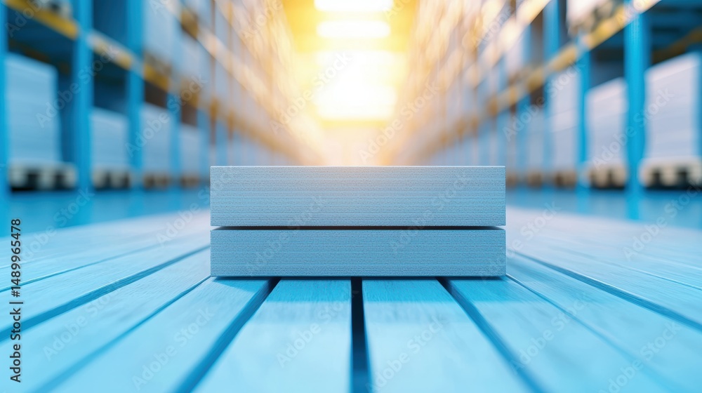 Poster logistic pallet stacked in distribution center automated guided vehicle (agv) transporting pallets i