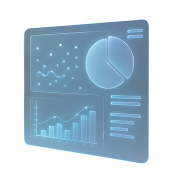PNG cut out isolated background. A glowing blue holographic interface featuring pie charts, bar graphs, scatter plots, and various data visualizations
