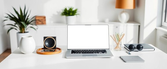 White laptop mockup, minimalist accessories on white table, bright modern room, airy, bright