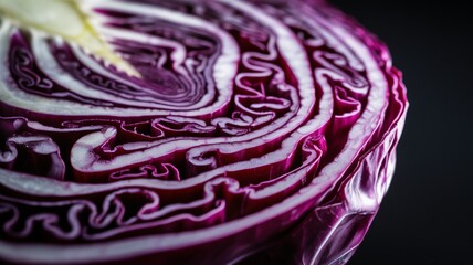 Fototapeta premium Close-up of a cross-sectioned red cabbage showcasing intricate layers and vibrant colors.