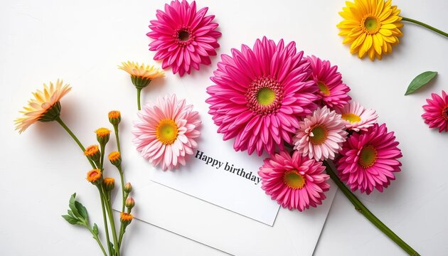 White envelope with cheerful spring chrysanthemum arrangement & happy birthday card, flat lay, top view, background - Powered by Adobe