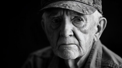 Black and white portrait of an elderly man with a contemplative expression