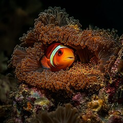 A Colorful Clownfish and a Sea Anemone's Tentacles, a Safe and Symbiotic Relationship