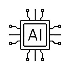 PNG cut out isolated background. A simple black-and-white line art depiction of an AI microchip, showcasing a central processor labeled “AI” with symmetrical circuit lines extending outward.
