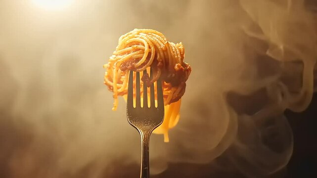 A close-up of spaghetti twirled on a fork, emitting steam against a warm, blurred background