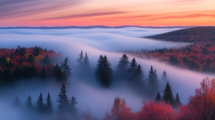 Fototapeta premium A foggy, colorful forest in Acadia National Park, Maine, seen from above. 