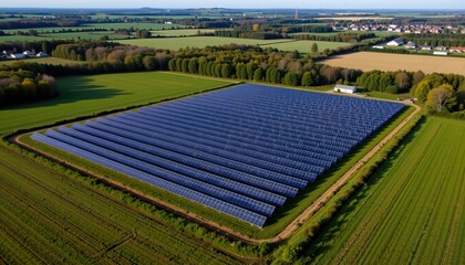 Aerial View of Expansive Solar Panel Array in Green Landscape with Clear Blue Sky and Fields