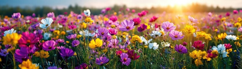 Blooming flowers in meadow with paradise feel and dreamy concept. Vibrant wildflowers bloom in a sunny, colorful field.