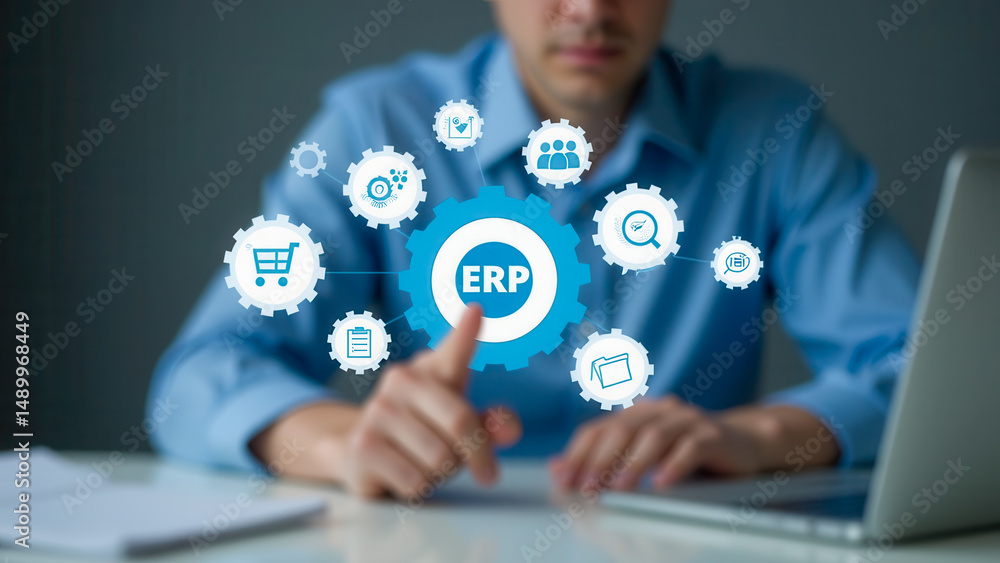 Poster businessman using erp software concept for digital transformation and efficiency
