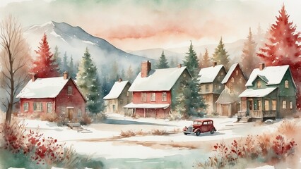 Snowy village with vintage car and pine trees in winter watercolor
