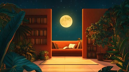 Serene nocturnal patio scene with full moon.