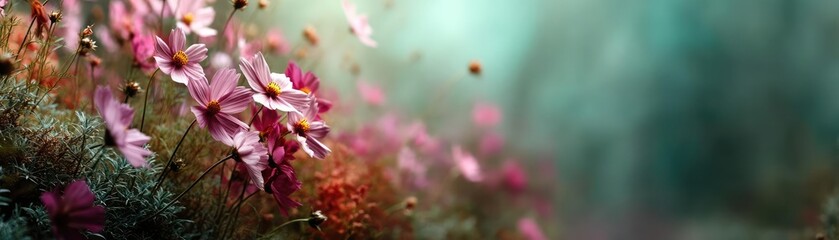 Obraz premium Blooming flowers in meadow with paradise feel and dreamy concept. Vibrant blooming flowers create a serene and colorful landscape.