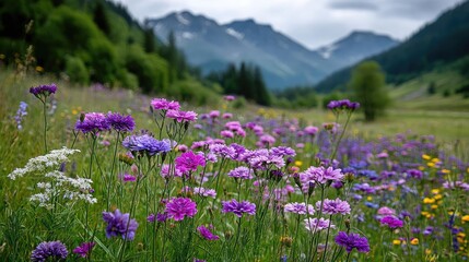 Obraz premium Blooming flowers in meadow through dreamy gardens and paradise concept. A vibrant field of wildflowers with mountains in the background.